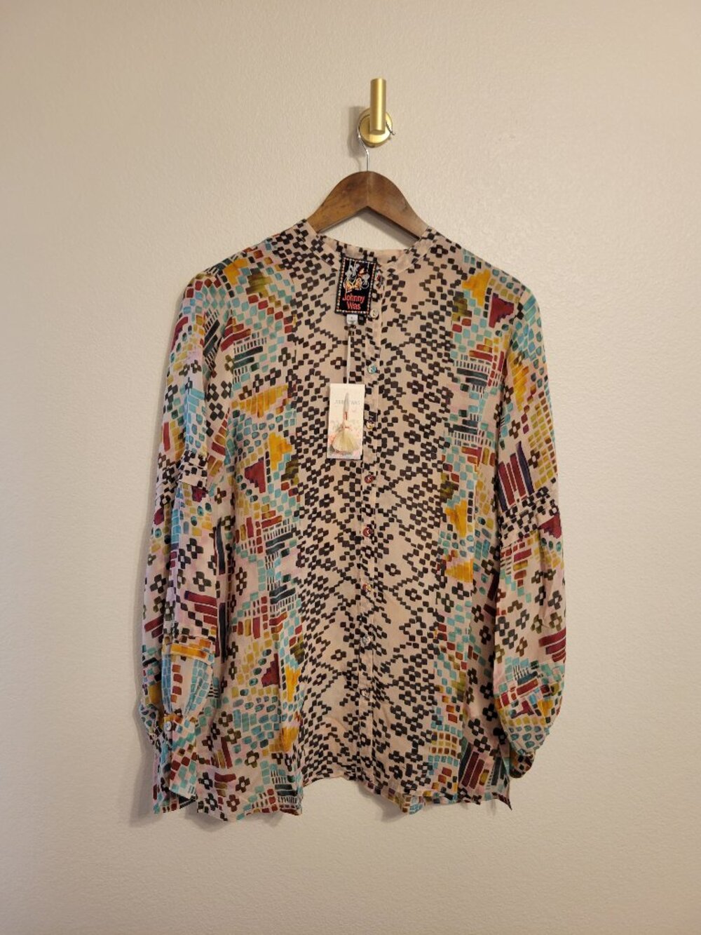 Johnny Was Malina Blouse Etris Geometric Aztec Print Small Womens Artsy FLAW NWT